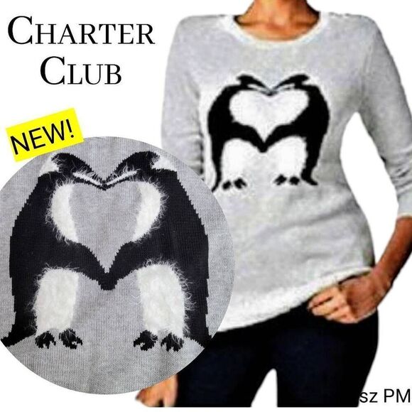 Charter Club BRAND NEW with Tags Kissing Heart Penguin Crew Neck Knit Sweater - Picture 1 of 7